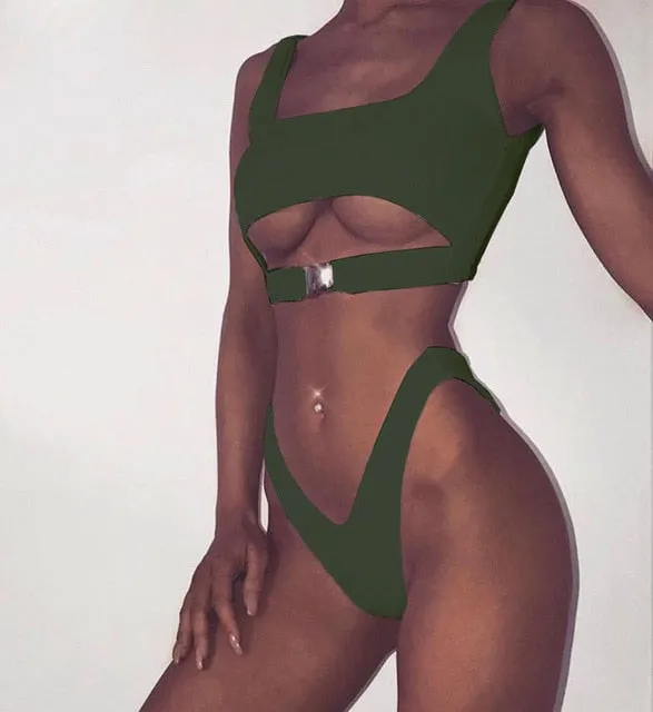2018 Sexy Bikini Swimwear Women Swimsuit Brazilian Bikini Set Green Print Halter Top Beach wear Bathing Suits S-XL