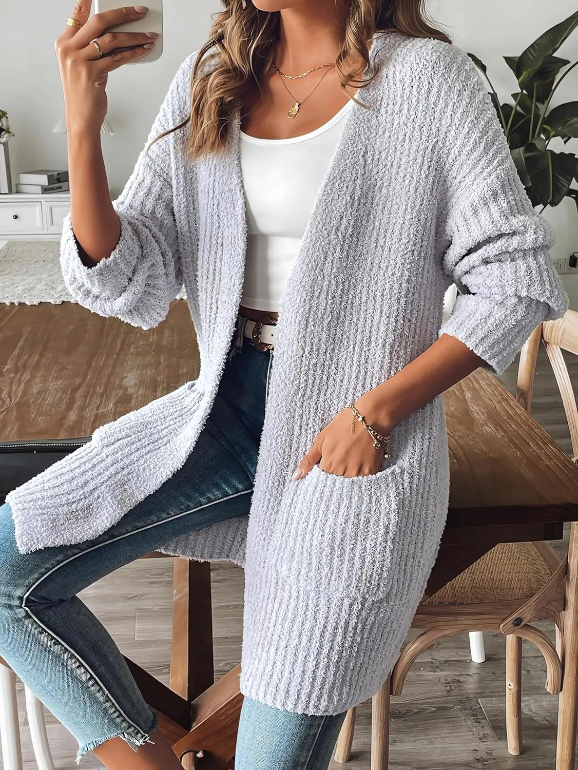 2024 Womens Solid Ribbed Knit Casual Open Front Cardigans Long Sleeve Sweater with Pocket Fuzzy Fleece Outerwear