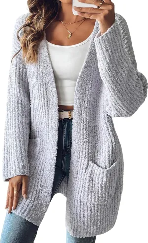 2024 Womens Solid Ribbed Knit Casual Open Front Cardigans Long Sleeve Sweater with Pocket Fuzzy Fleece Outerwear