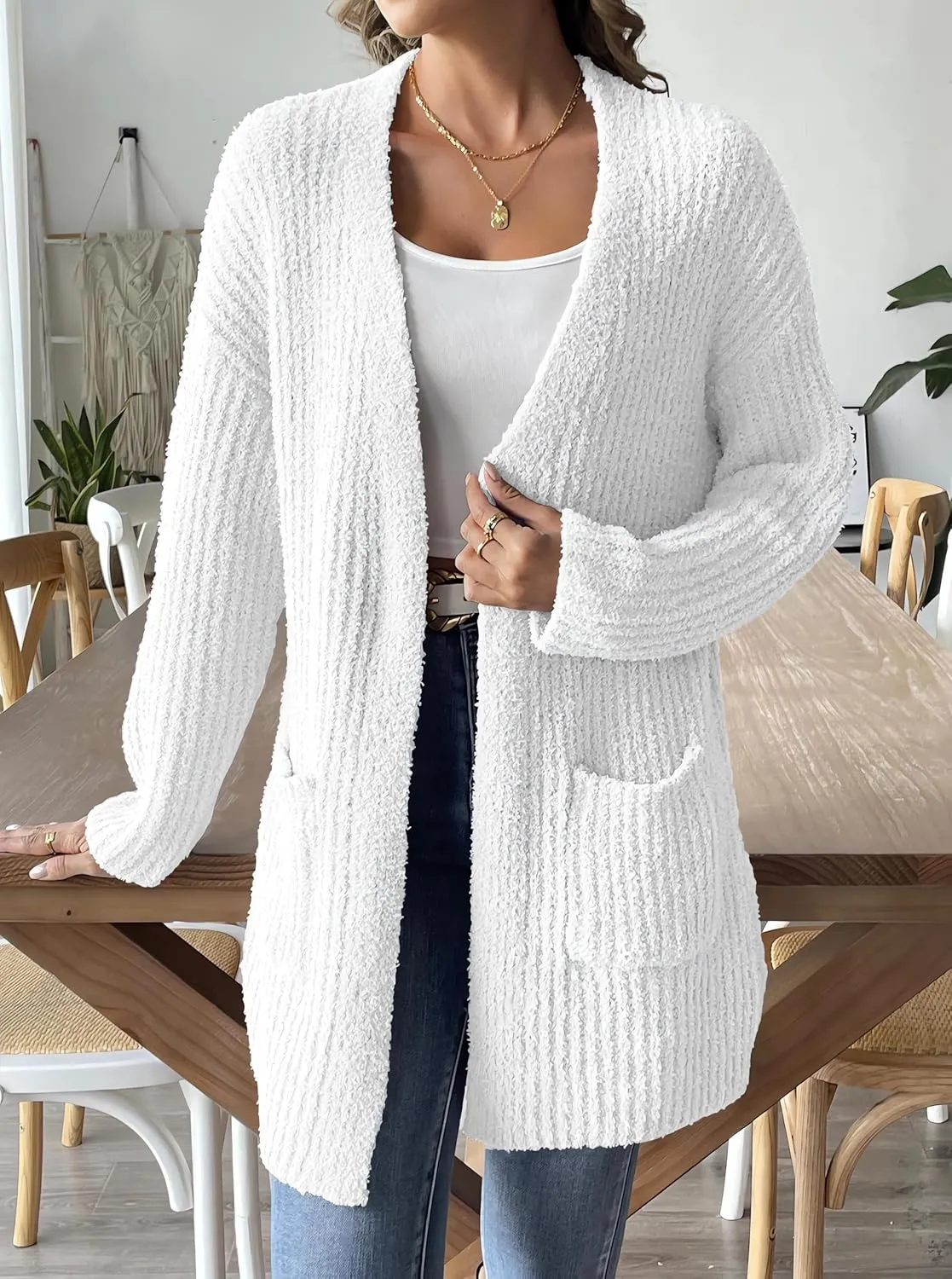2024 Womens Solid Ribbed Knit Casual Open Front Cardigans Long Sleeve Sweater with Pocket Fuzzy Fleece Outerwear