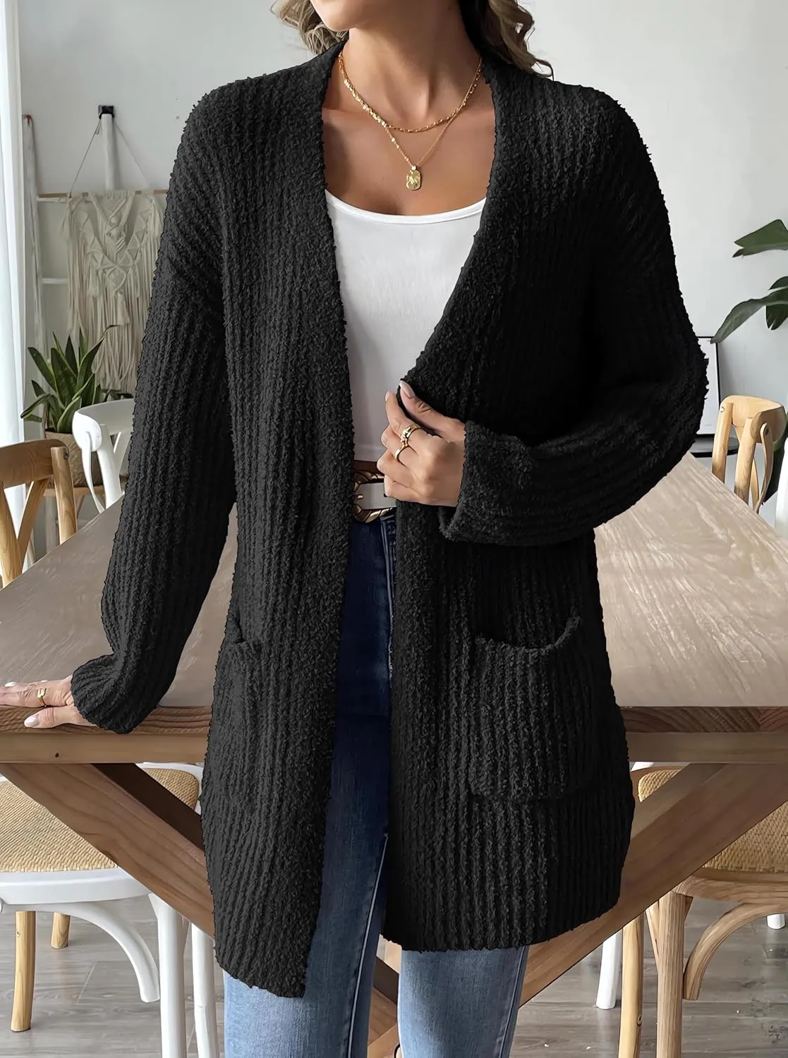 2024 Womens Solid Ribbed Knit Casual Open Front Cardigans Long Sleeve Sweater with Pocket Fuzzy Fleece Outerwear