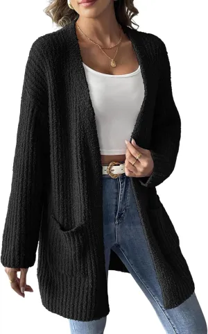 2024 Womens Solid Ribbed Knit Casual Open Front Cardigans Long Sleeve Sweater with Pocket Fuzzy Fleece Outerwear