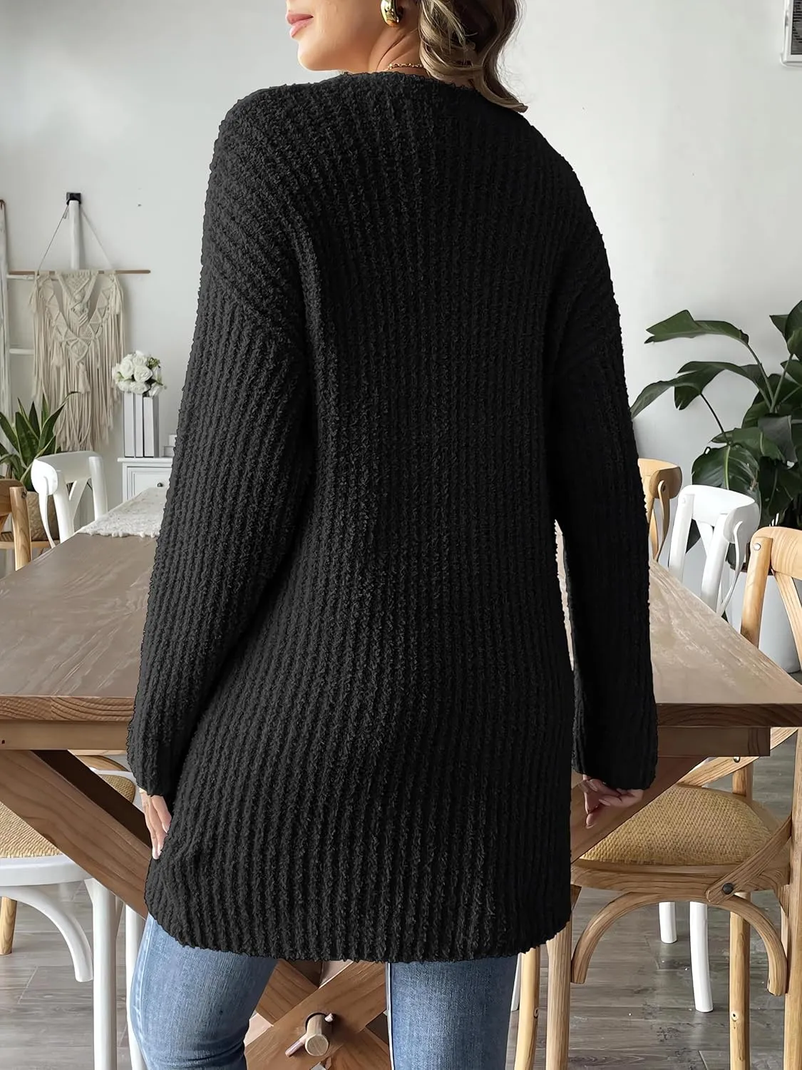 2024 Womens Solid Ribbed Knit Casual Open Front Cardigans Long Sleeve Sweater with Pocket Fuzzy Fleece Outerwear