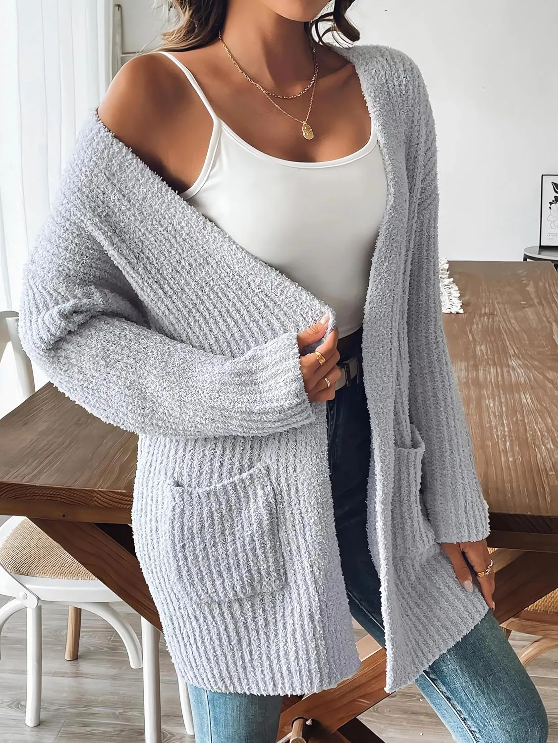 2024 Womens Solid Ribbed Knit Casual Open Front Cardigans Long Sleeve Sweater with Pocket Fuzzy Fleece Outerwear
