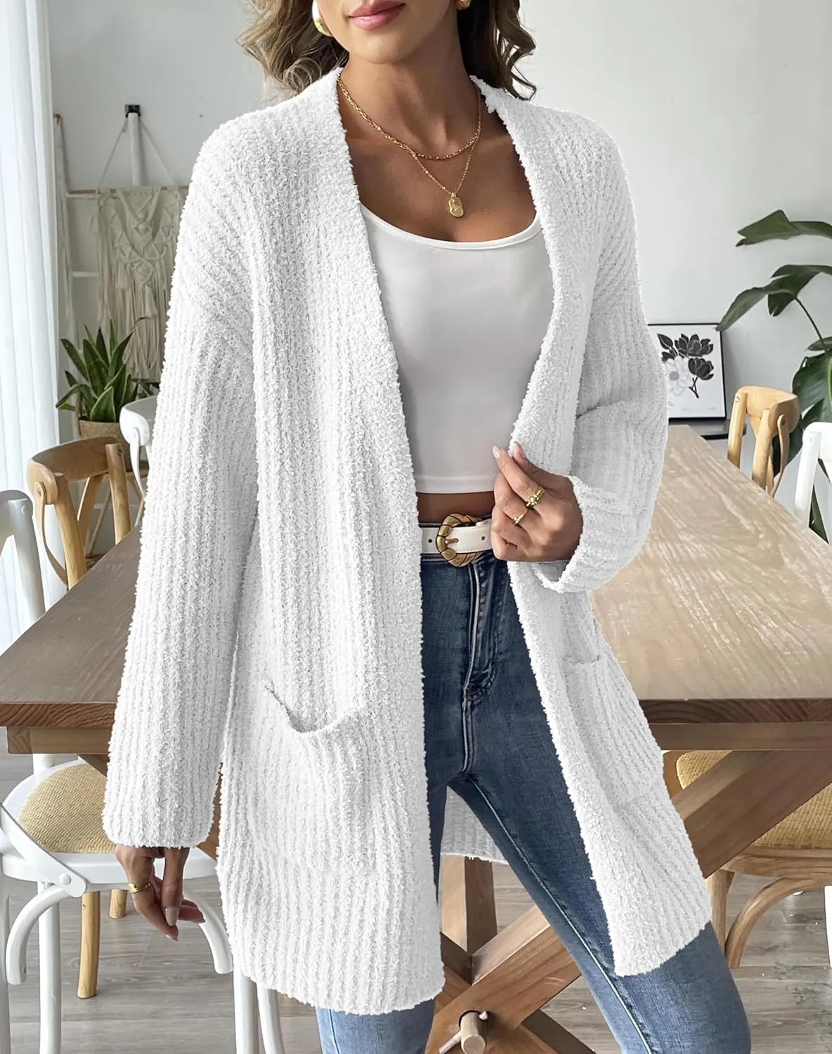 2024 Womens Solid Ribbed Knit Casual Open Front Cardigans Long Sleeve Sweater with Pocket Fuzzy Fleece Outerwear