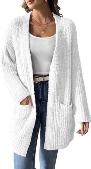 2024 Womens Solid Ribbed Knit Casual Open Front Cardigans Long Sleeve Sweater with Pocket Fuzzy Fleece Outerwear