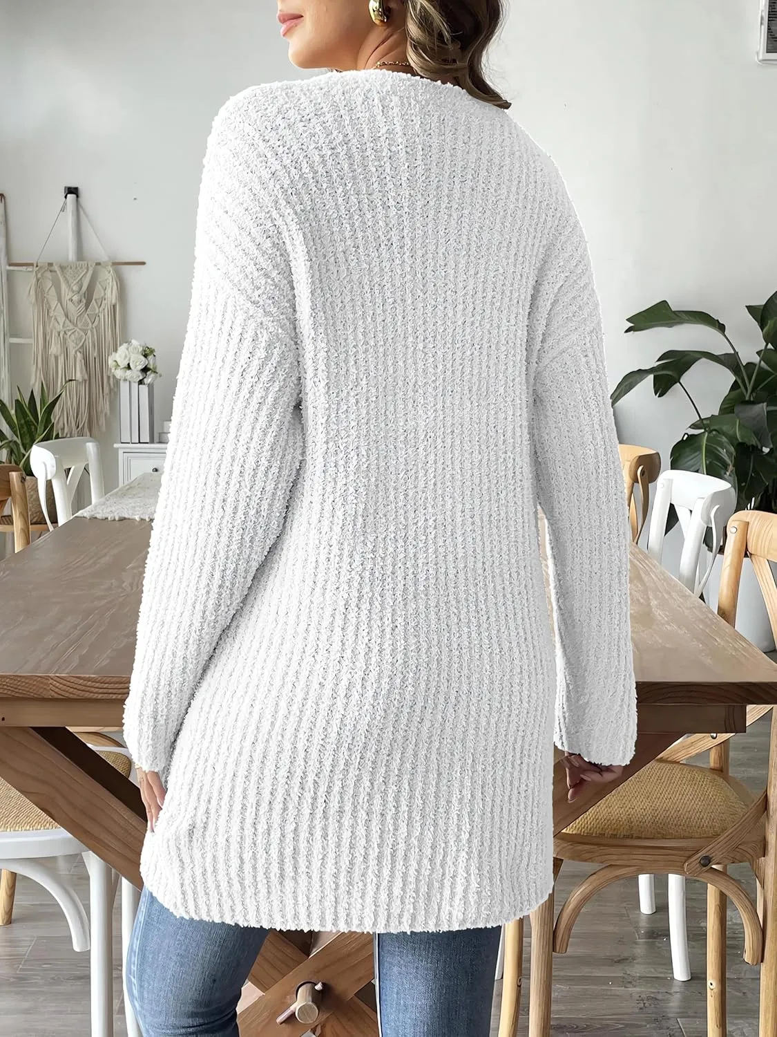 2024 Womens Solid Ribbed Knit Casual Open Front Cardigans Long Sleeve Sweater with Pocket Fuzzy Fleece Outerwear
