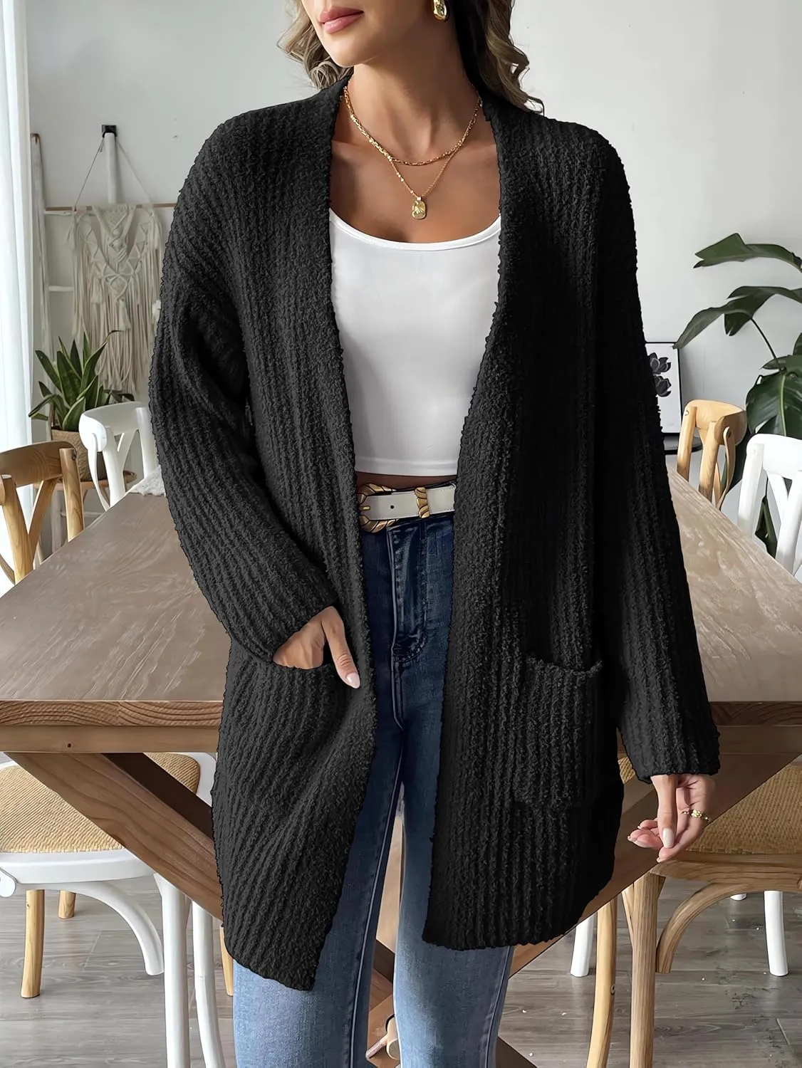 2024 Womens Solid Ribbed Knit Casual Open Front Cardigans Long Sleeve Sweater with Pocket Fuzzy Fleece Outerwear