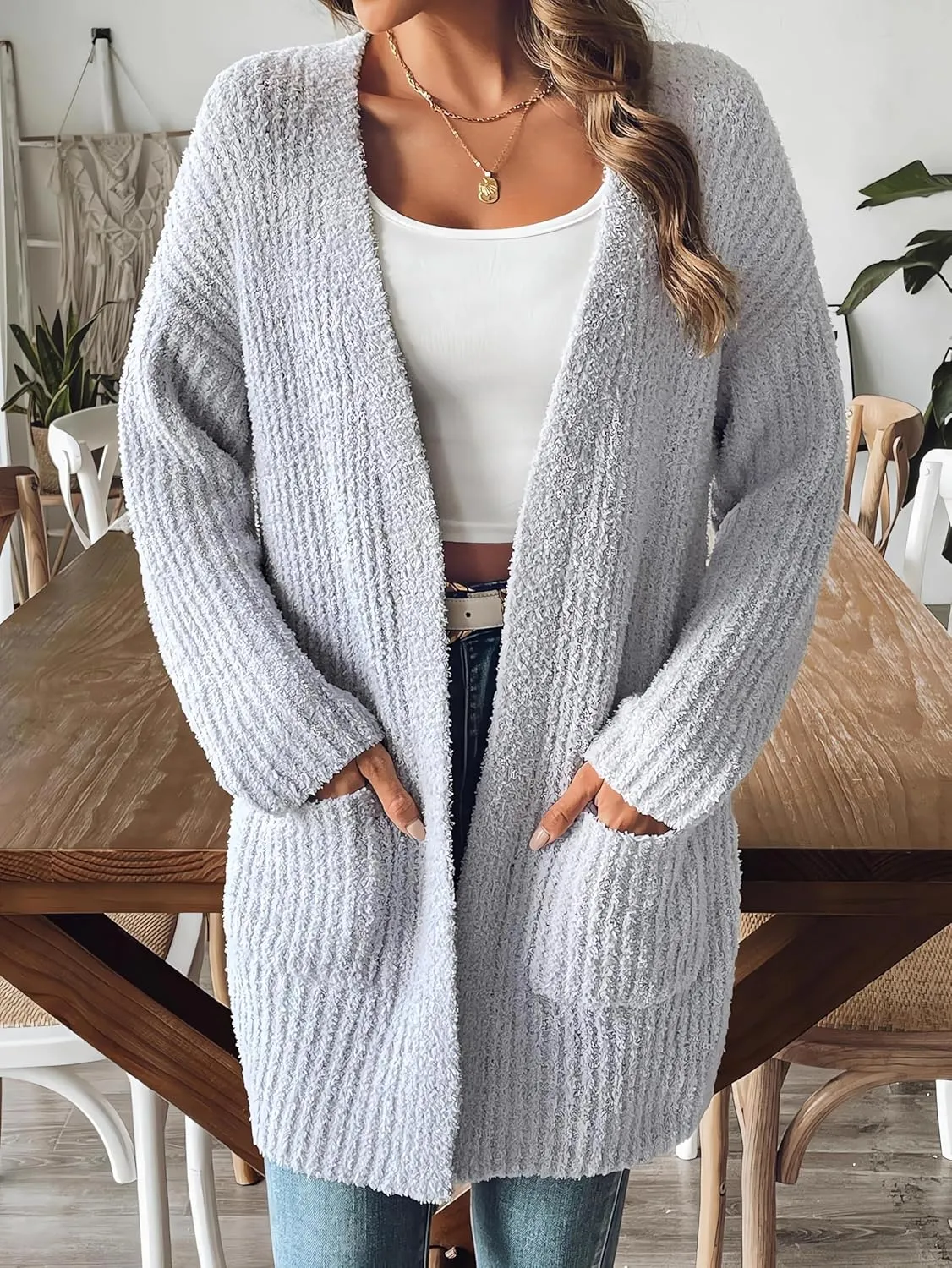 2024 Womens Solid Ribbed Knit Casual Open Front Cardigans Long Sleeve Sweater with Pocket Fuzzy Fleece Outerwear
