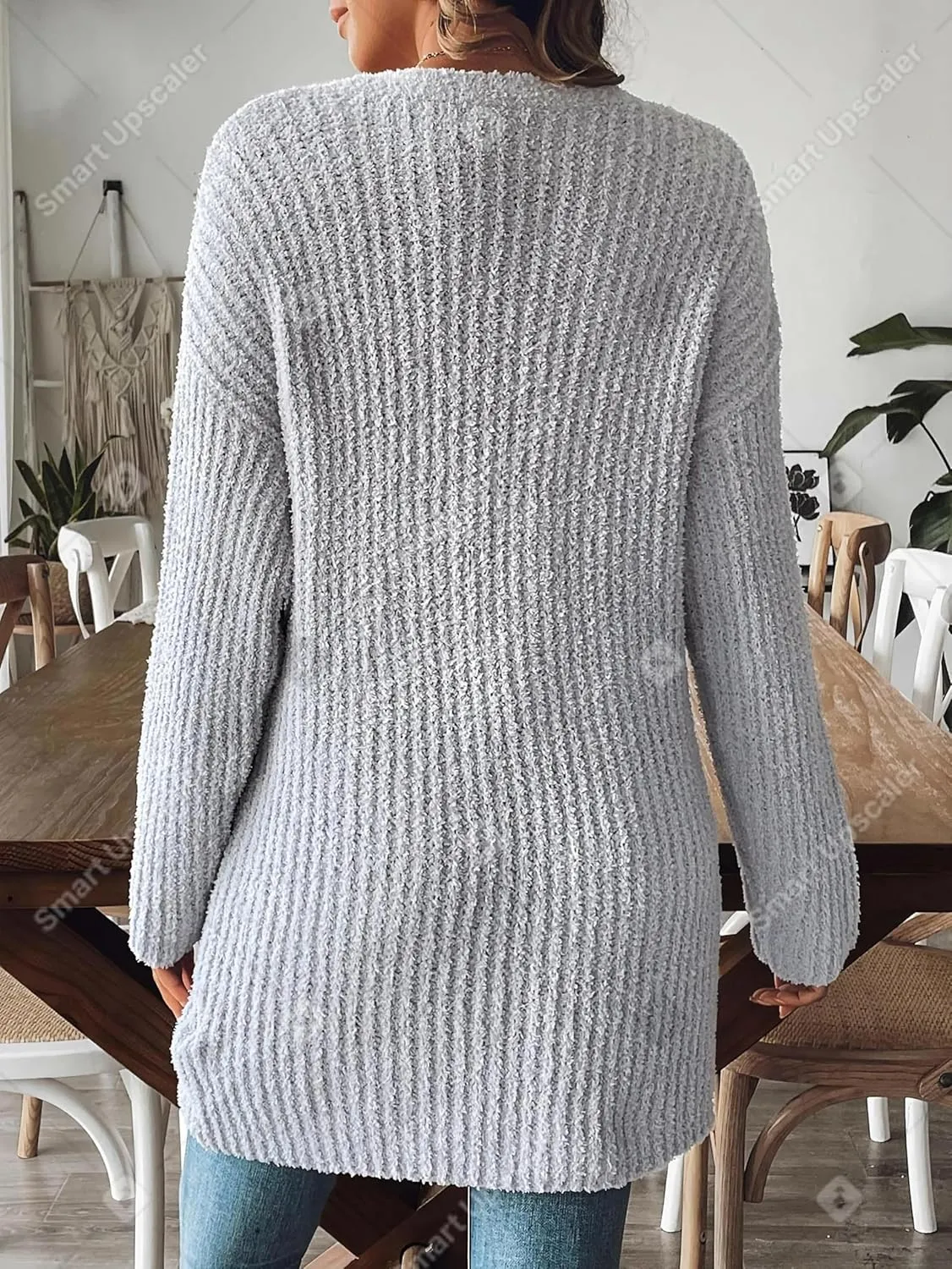 2024 Womens Solid Ribbed Knit Casual Open Front Cardigans Long Sleeve Sweater with Pocket Fuzzy Fleece Outerwear