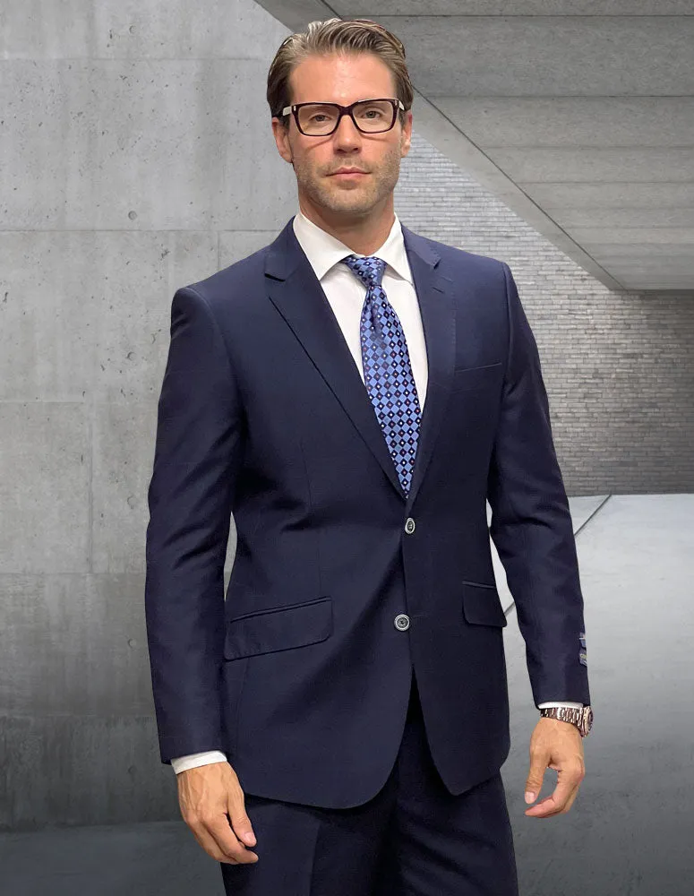 2Pc Plaid Italian Wool Suits. Super 200\'S. Modern Fit Flat Front Pants| PORTO-6| Navy