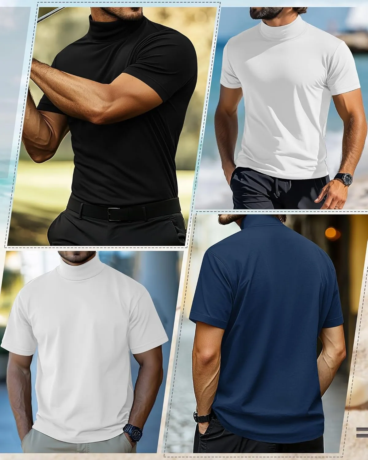 3 Pack Men's Turtleneck T Shirts, Cotton Short Sleeve Mock Neck Undershirt Summer Casual Basic Pullover Tops