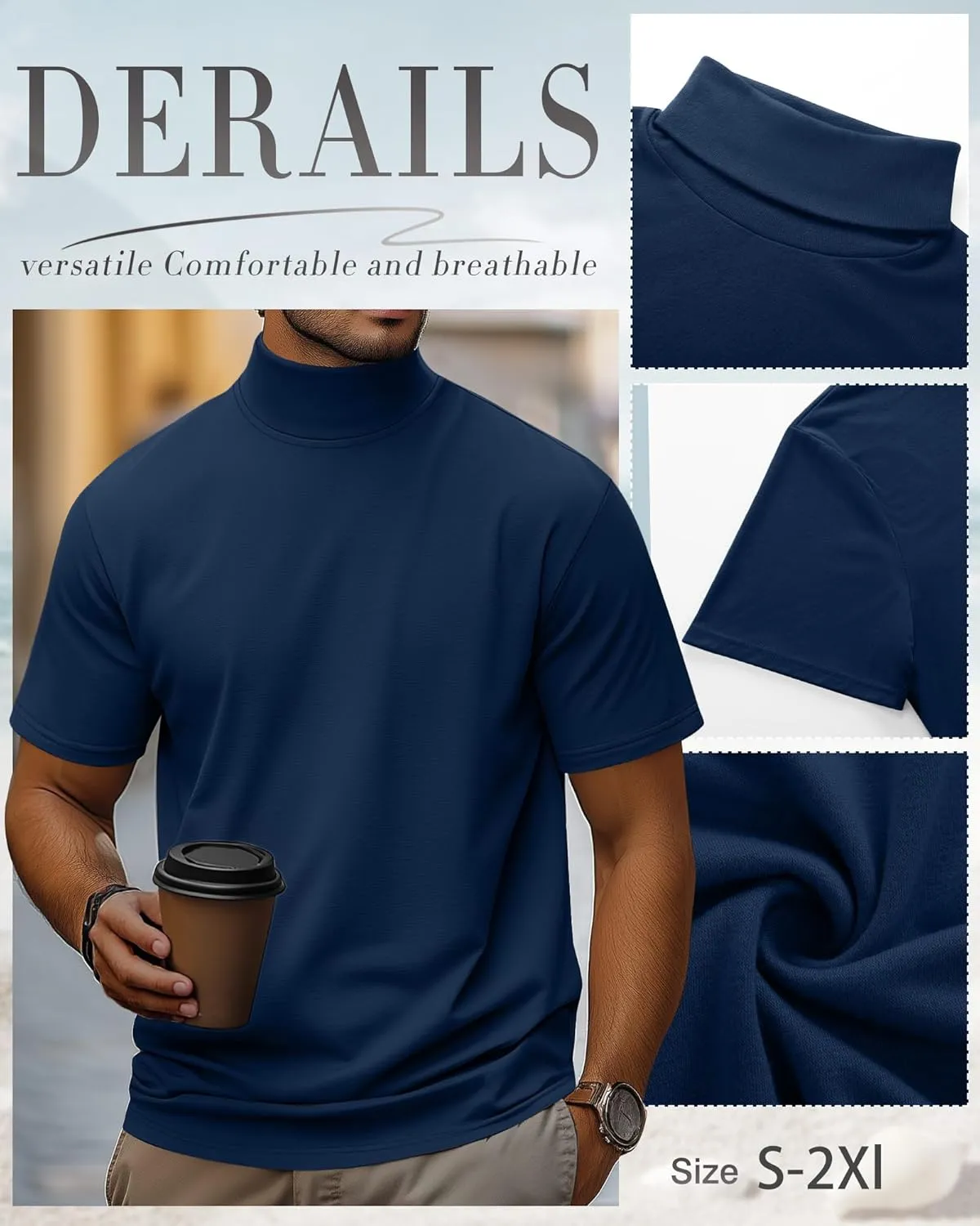 3 Pack Men's Turtleneck T Shirts, Cotton Short Sleeve Mock Neck Undershirt Summer Casual Basic Pullover Tops