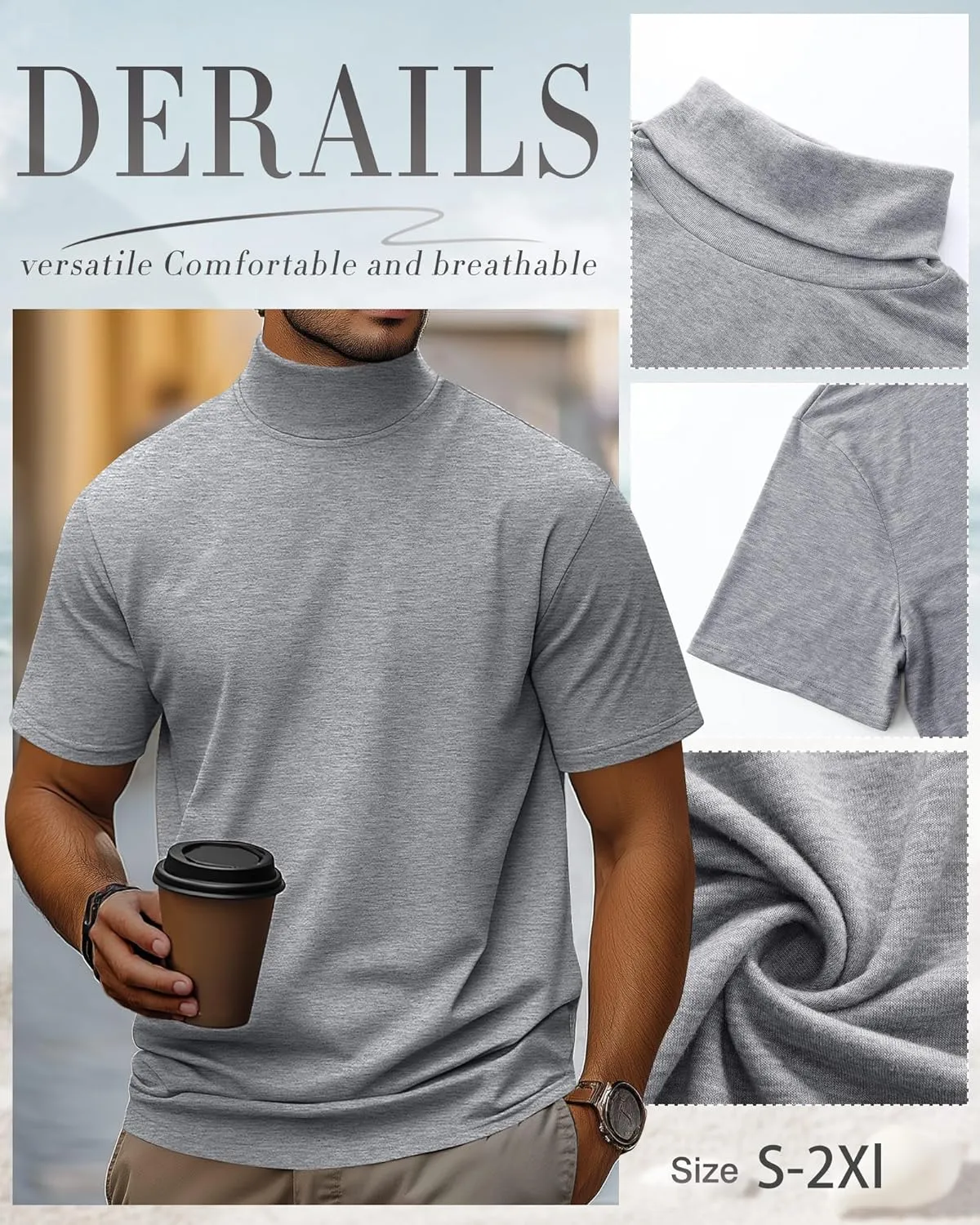 3 Pack Men's Turtleneck T Shirts, Cotton Short Sleeve Mock Neck Undershirt Summer Casual Basic Pullover Tops