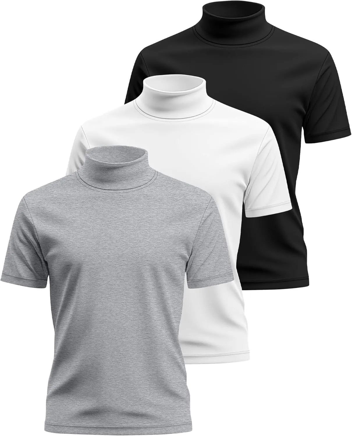 3 Pack Men's Turtleneck T Shirts, Cotton Short Sleeve Mock Neck Undershirt Summer Casual Basic Pullover Tops