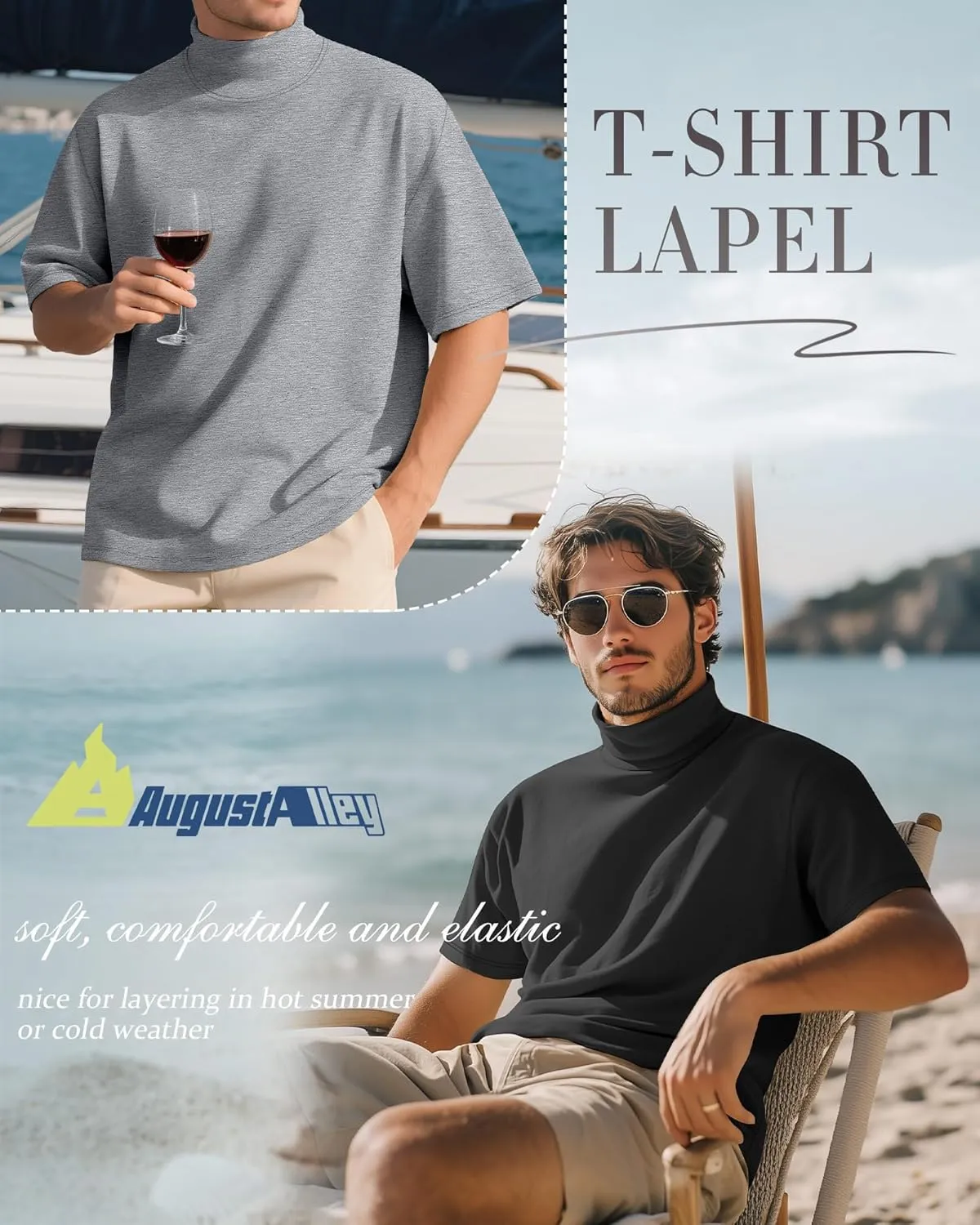 3 Pack Men's Turtleneck T Shirts, Cotton Short Sleeve Mock Neck Undershirt Summer Casual Basic Pullover Tops
