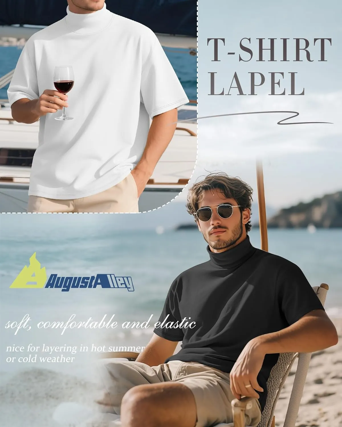3 Pack Men's Turtleneck T Shirts, Cotton Short Sleeve Mock Neck Undershirt Summer Casual Basic Pullover Tops