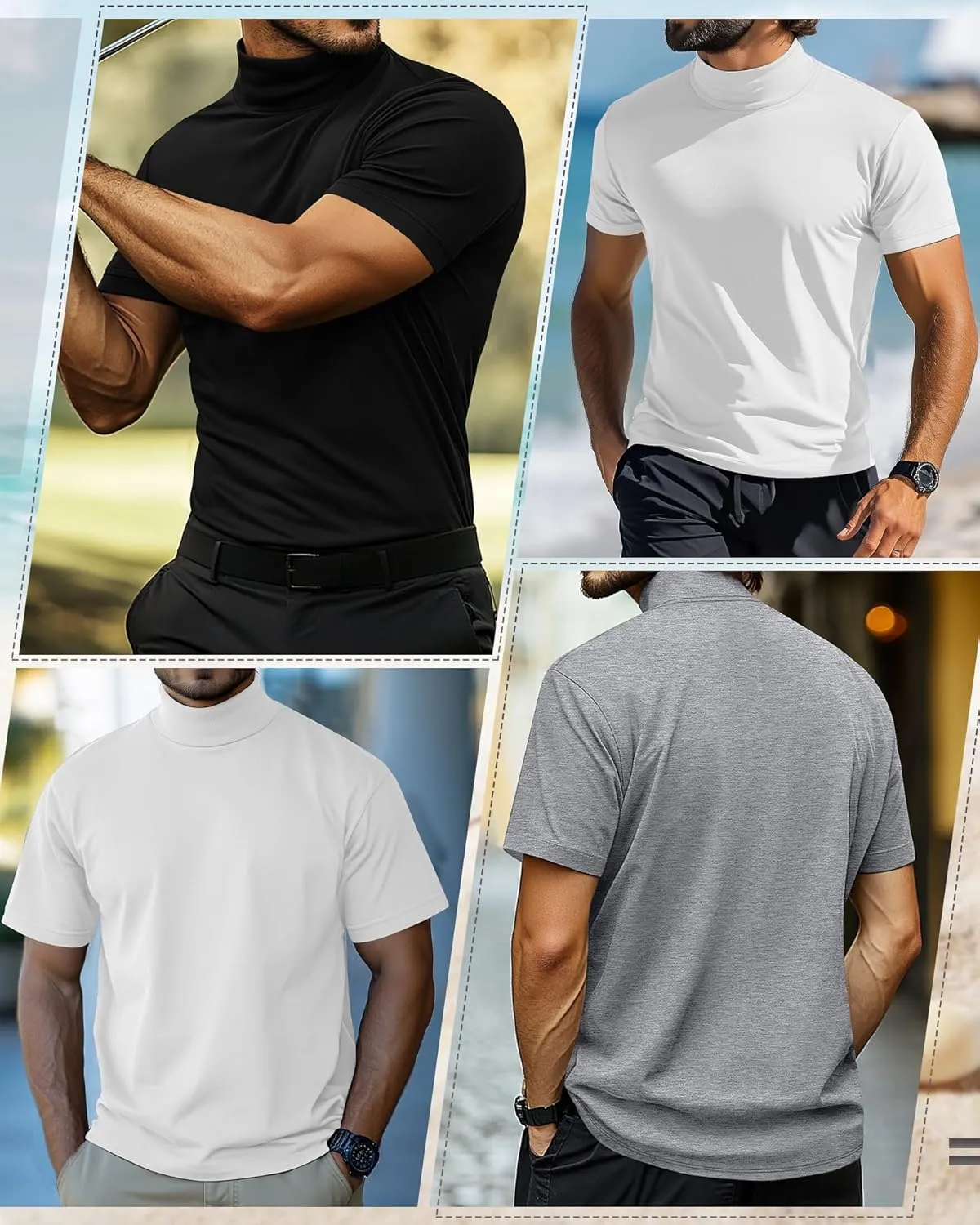 3 Pack Men's Turtleneck T Shirts, Cotton Short Sleeve Mock Neck Undershirt Summer Casual Basic Pullover Tops