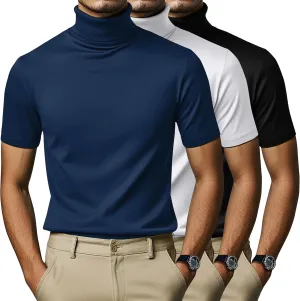 3 Pack Men's Turtleneck T Shirts, Cotton Short Sleeve Mock Neck Undershirt Summer Casual Basic Pullover Tops