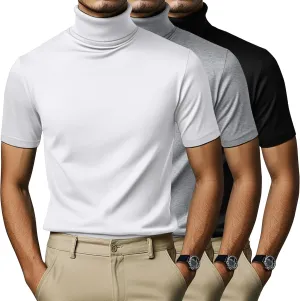 3 Pack Men's Turtleneck T Shirts, Cotton Short Sleeve Mock Neck Undershirt Summer Casual Basic Pullover Tops