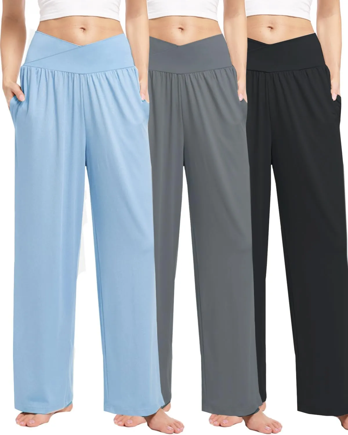 3 Pack Womens Wide Leg Yoga Pants Crossover High Waisted Casual Loose Lounge Sweatpants with Pockets