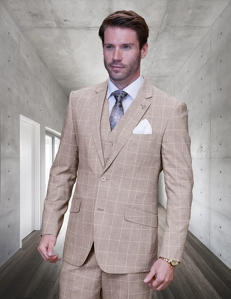 3pc Plaid Suits Super 200\'s Italian Wool And Cashmere. Modern Fit Flat Front Pants| BUCCI| Tan