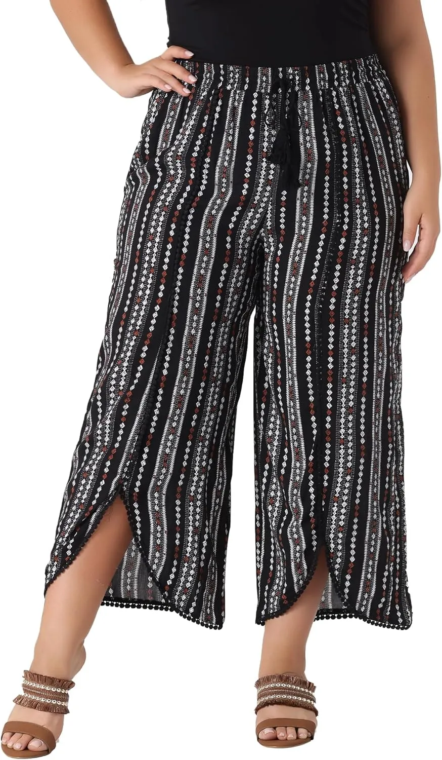Agnes Orinda Plus Size Pant for Women Split Elastic Waist Flowy Striped Wide Leg Pants