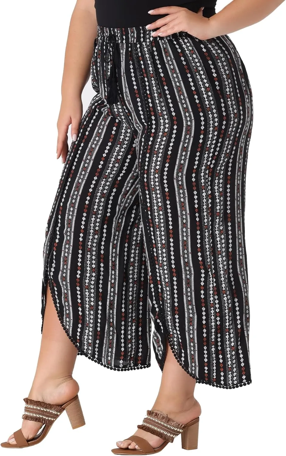 Agnes Orinda Plus Size Pant for Women Split Elastic Waist Flowy Striped Wide Leg Pants
