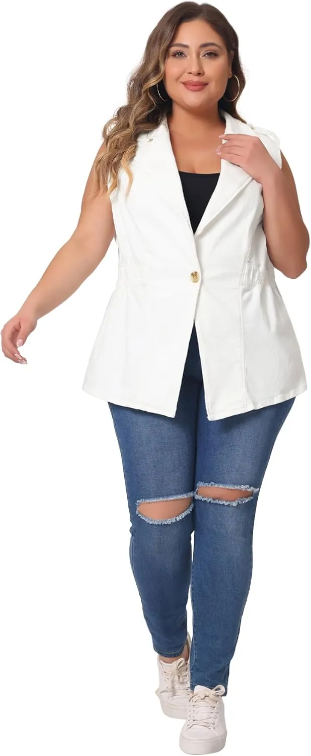 Agnes Orinda Plus Size Women's Denim Vest Sleeveless Lapel Button Elastic Waist Casual Denim Jackets Vests