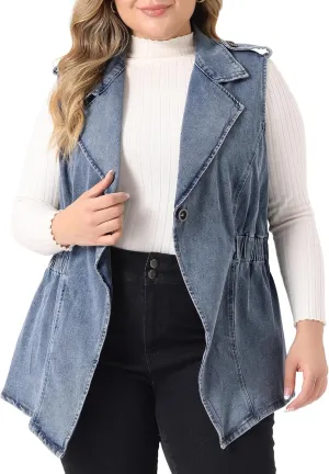 Agnes Orinda Plus Size Women's Denim Vest Sleeveless Lapel Button Elastic Waist Casual Denim Jackets Vests
