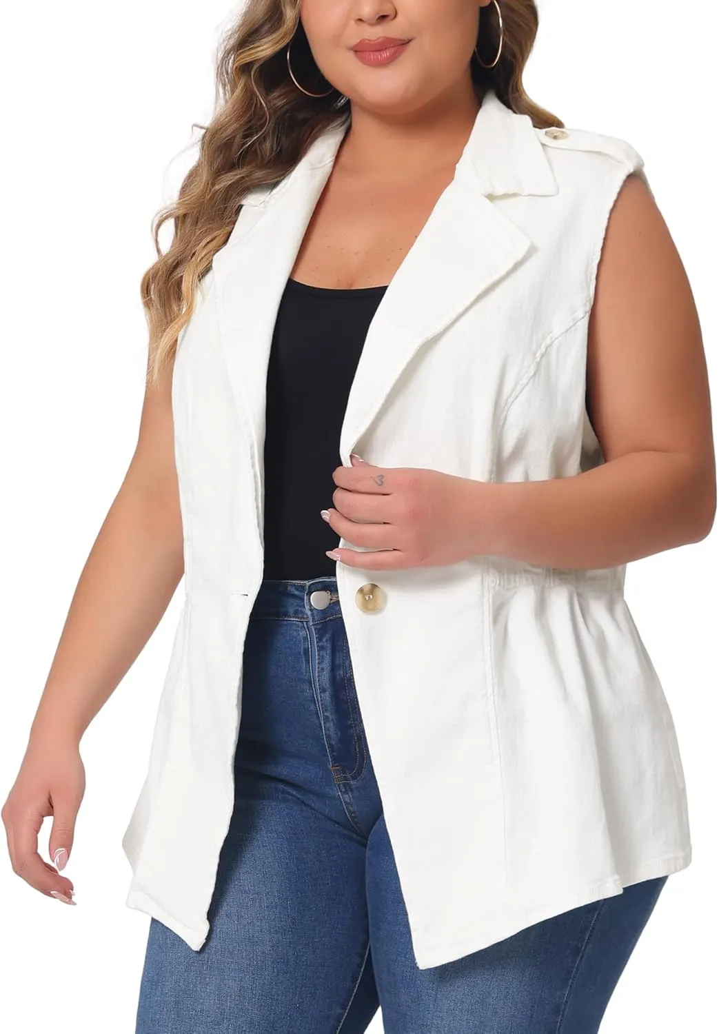 Agnes Orinda Plus Size Women's Denim Vest Sleeveless Lapel Button Elastic Waist Casual Denim Jackets Vests