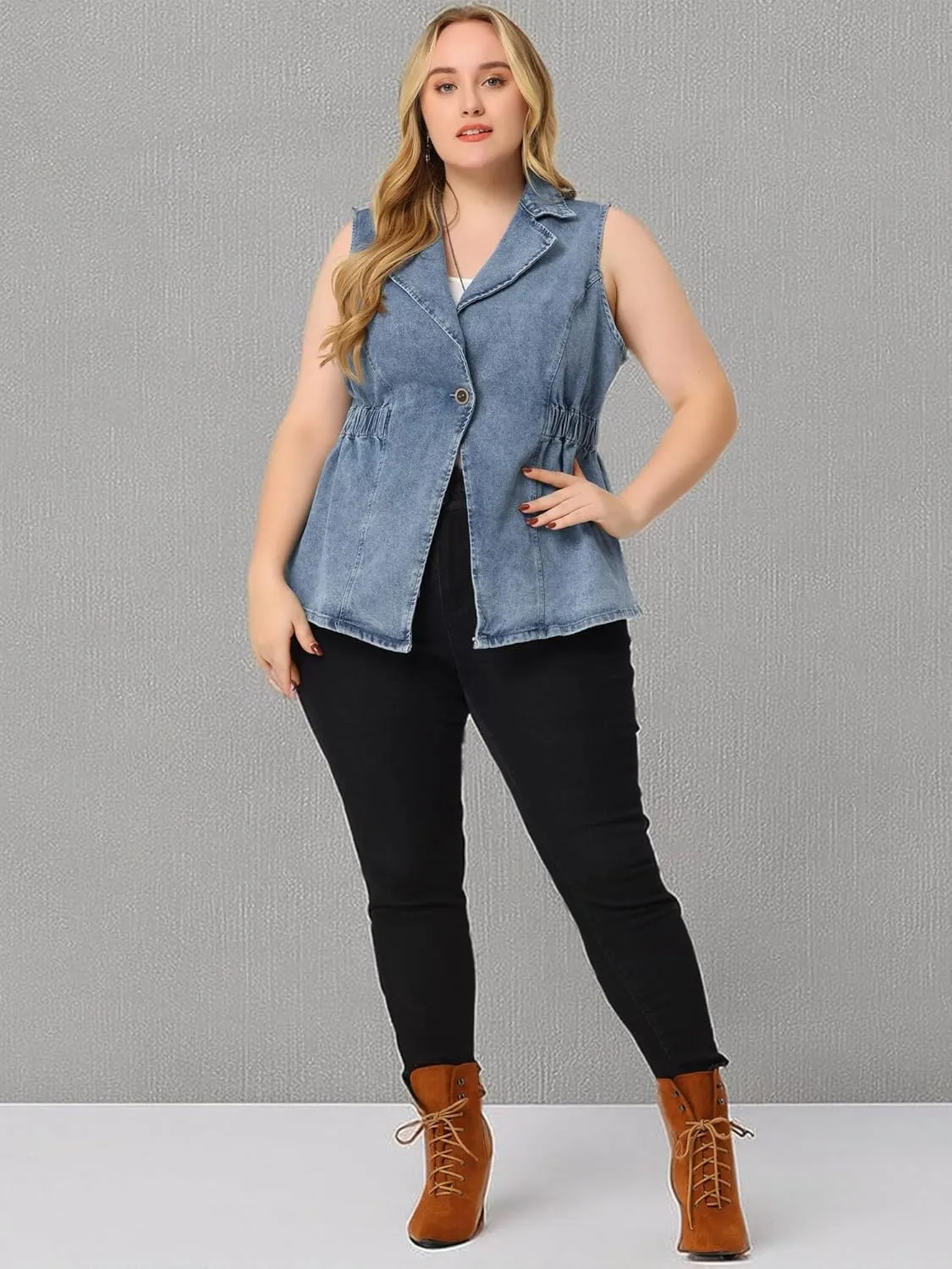 Agnes Orinda Plus Size Women's Denim Vest Sleeveless Lapel Button Elastic Waist Casual Denim Jackets Vests
