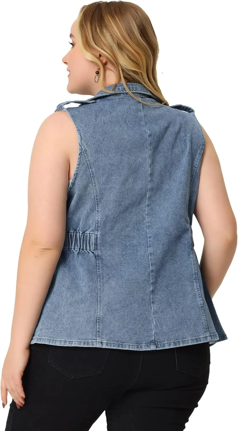 Agnes Orinda Plus Size Women's Denim Vest Sleeveless Lapel Button Elastic Waist Casual Denim Jackets Vests