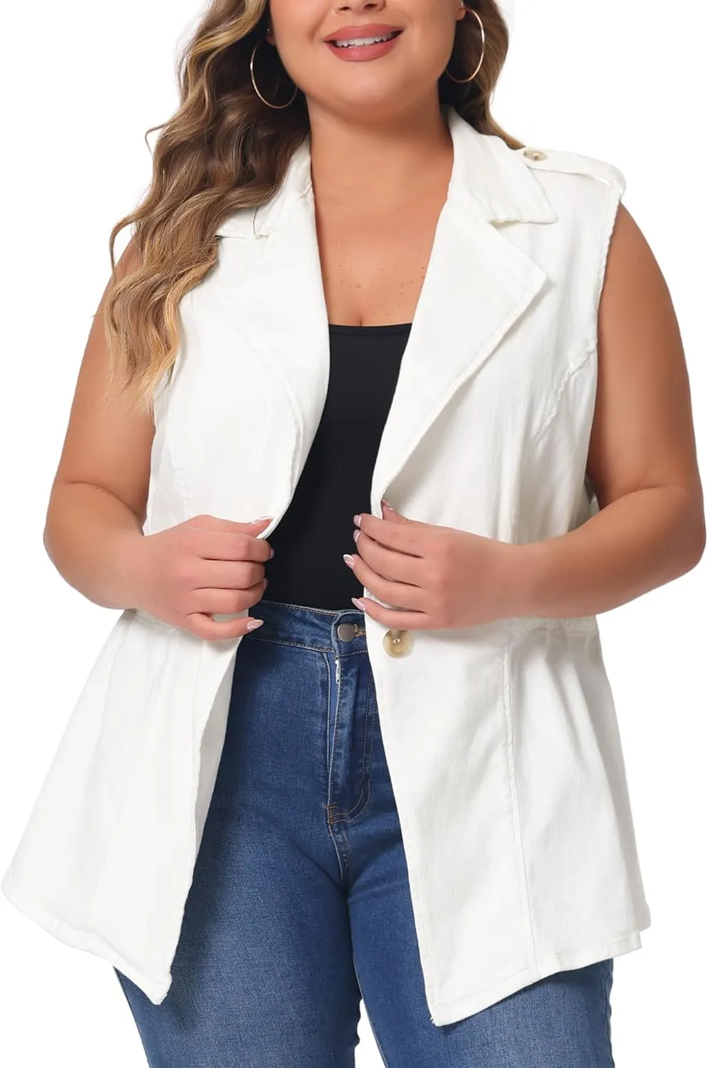 Agnes Orinda Plus Size Women's Denim Vest Sleeveless Lapel Button Elastic Waist Casual Denim Jackets Vests