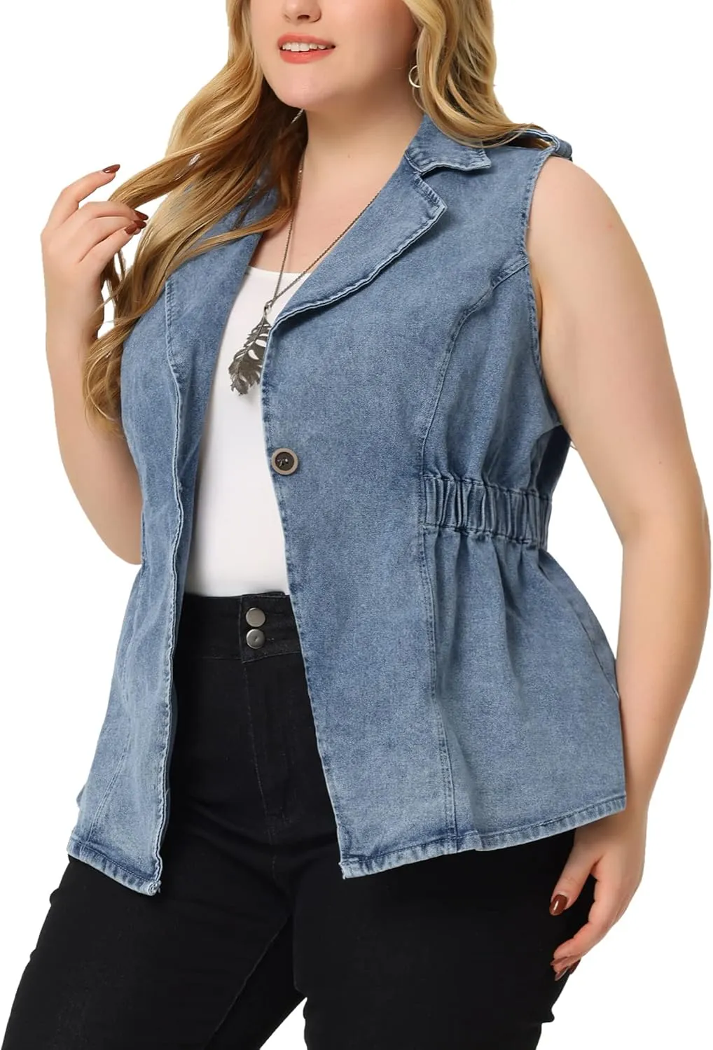 Agnes Orinda Plus Size Women's Denim Vest Sleeveless Lapel Button Elastic Waist Casual Denim Jackets Vests