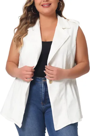 Agnes Orinda Plus Size Women's Denim Vest Sleeveless Lapel Button Elastic Waist Casual Denim Jackets Vests