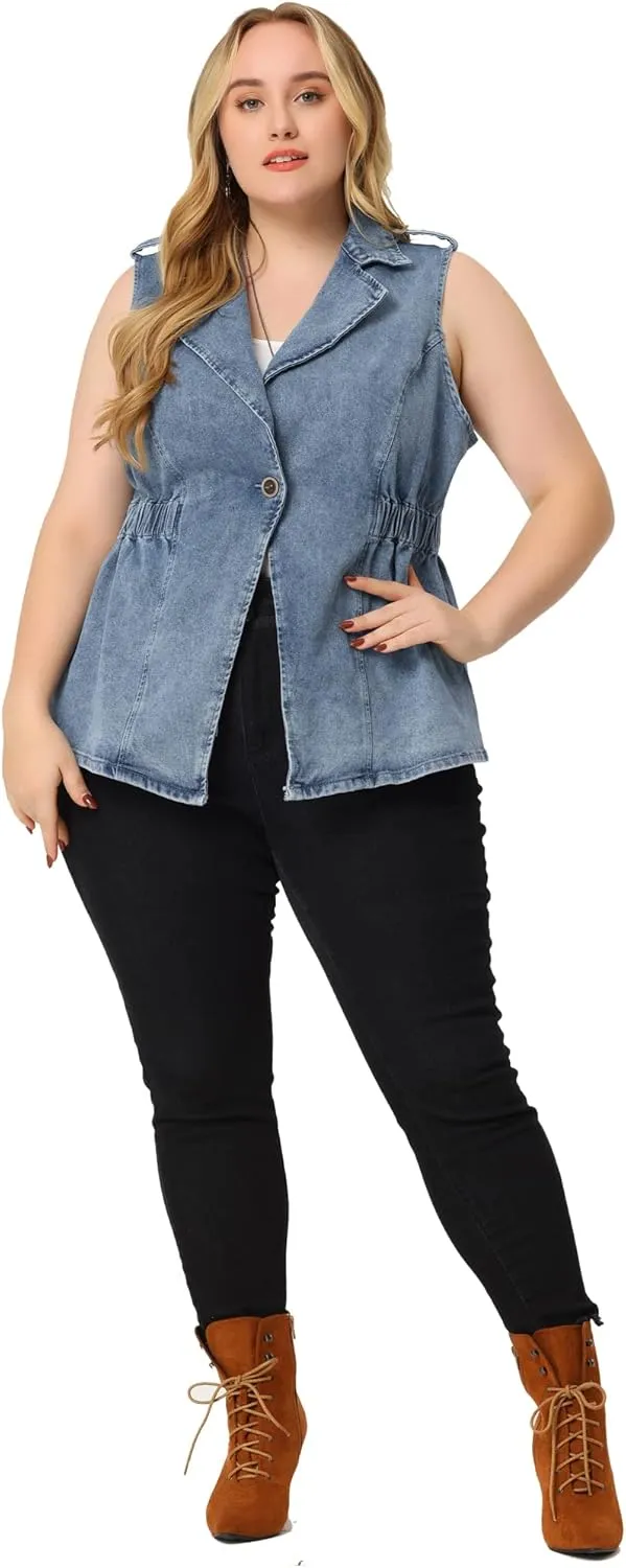 Agnes Orinda Plus Size Women's Denim Vest Sleeveless Lapel Button Elastic Waist Casual Denim Jackets Vests
