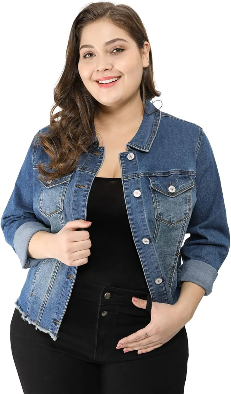 Agnes Orinda Women's Plus Size Classic Washed Front Frayed Denim Jacket