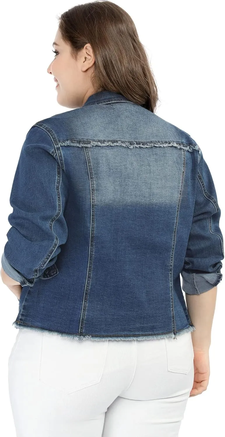Agnes Orinda Women's Plus Size Classic Washed Front Frayed Denim Jacket