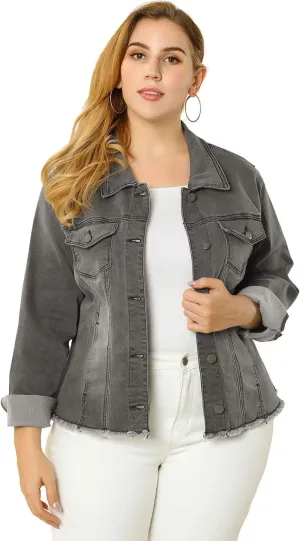 Agnes Orinda Women's Plus Size Classic Washed Front Frayed Denim Jacket