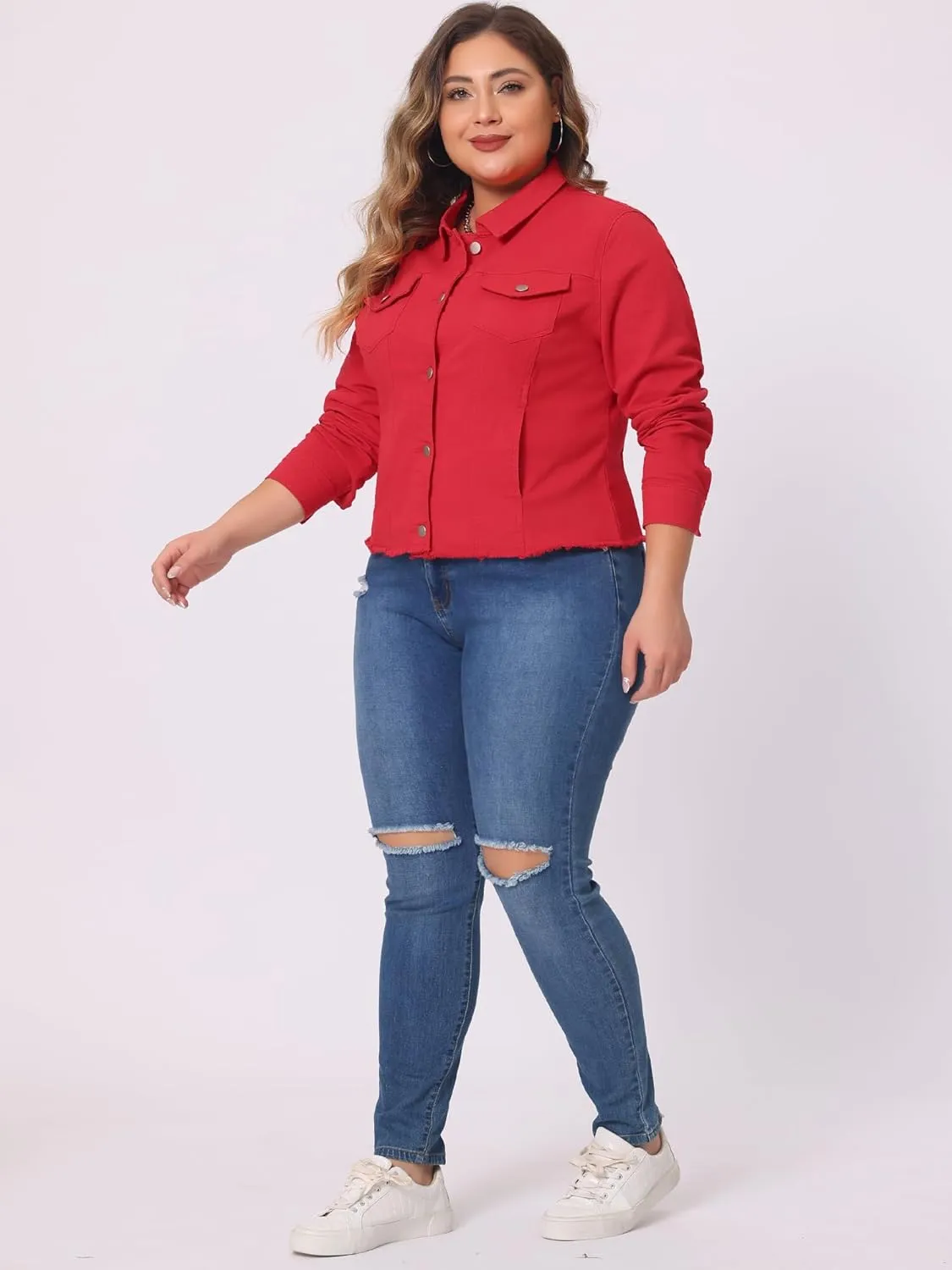 Agnes Orinda Women's Plus Size Classic Washed Front Frayed Denim Jacket