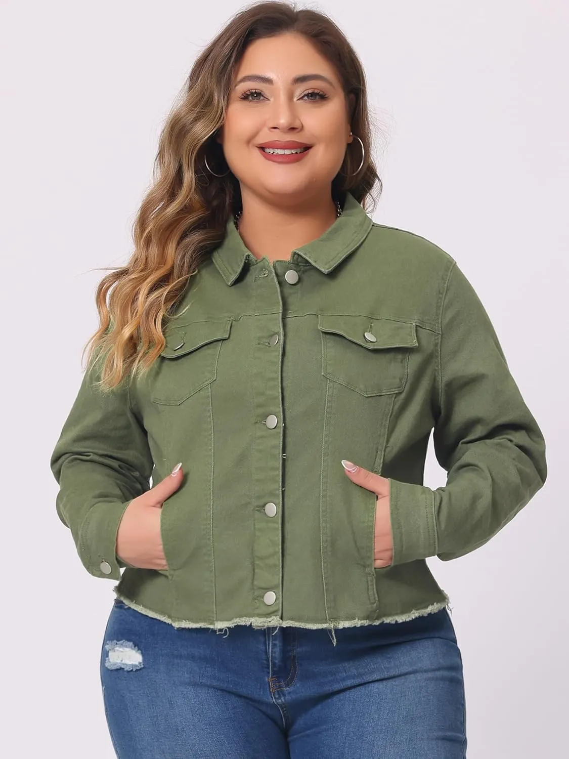 Agnes Orinda Women's Plus Size Classic Washed Front Frayed Denim Jacket