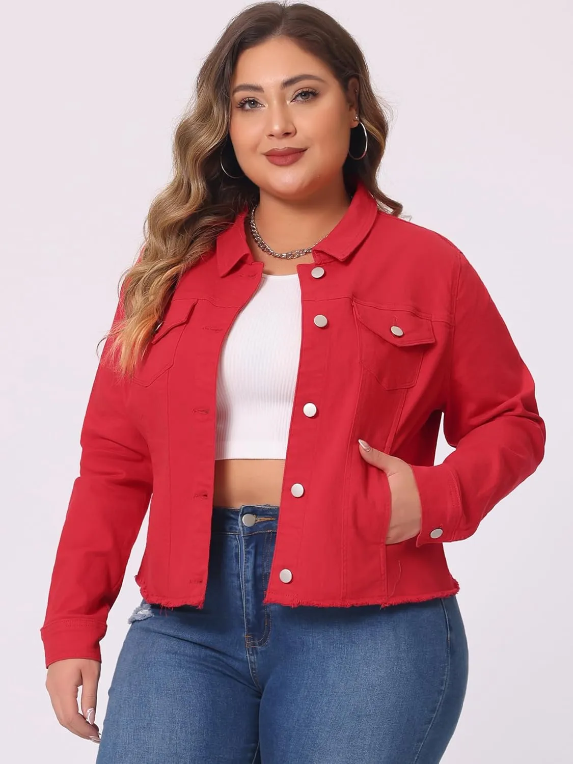 Agnes Orinda Women's Plus Size Classic Washed Front Frayed Denim Jacket
