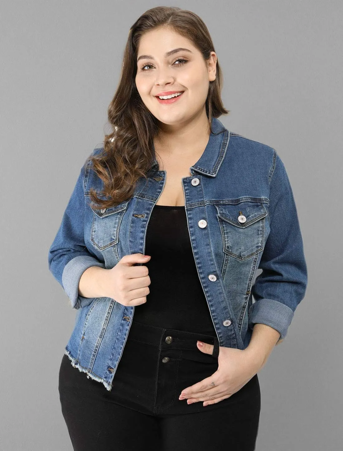 Agnes Orinda Women's Plus Size Classic Washed Front Frayed Denim Jacket