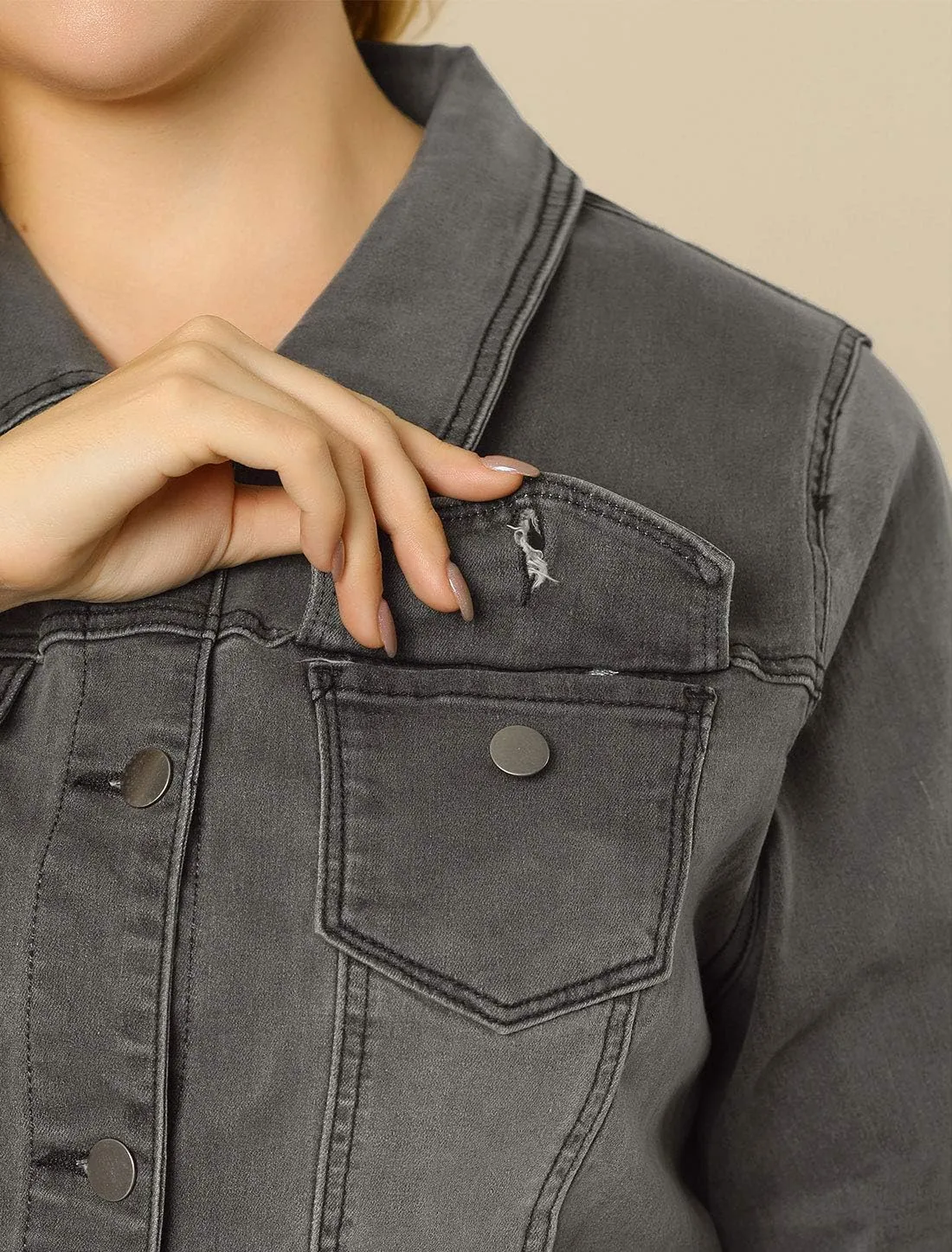 Agnes Orinda Women's Plus Size Classic Washed Front Frayed Denim Jacket
