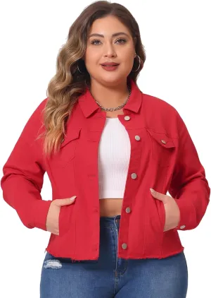 Agnes Orinda Women's Plus Size Classic Washed Front Frayed Denim Jacket