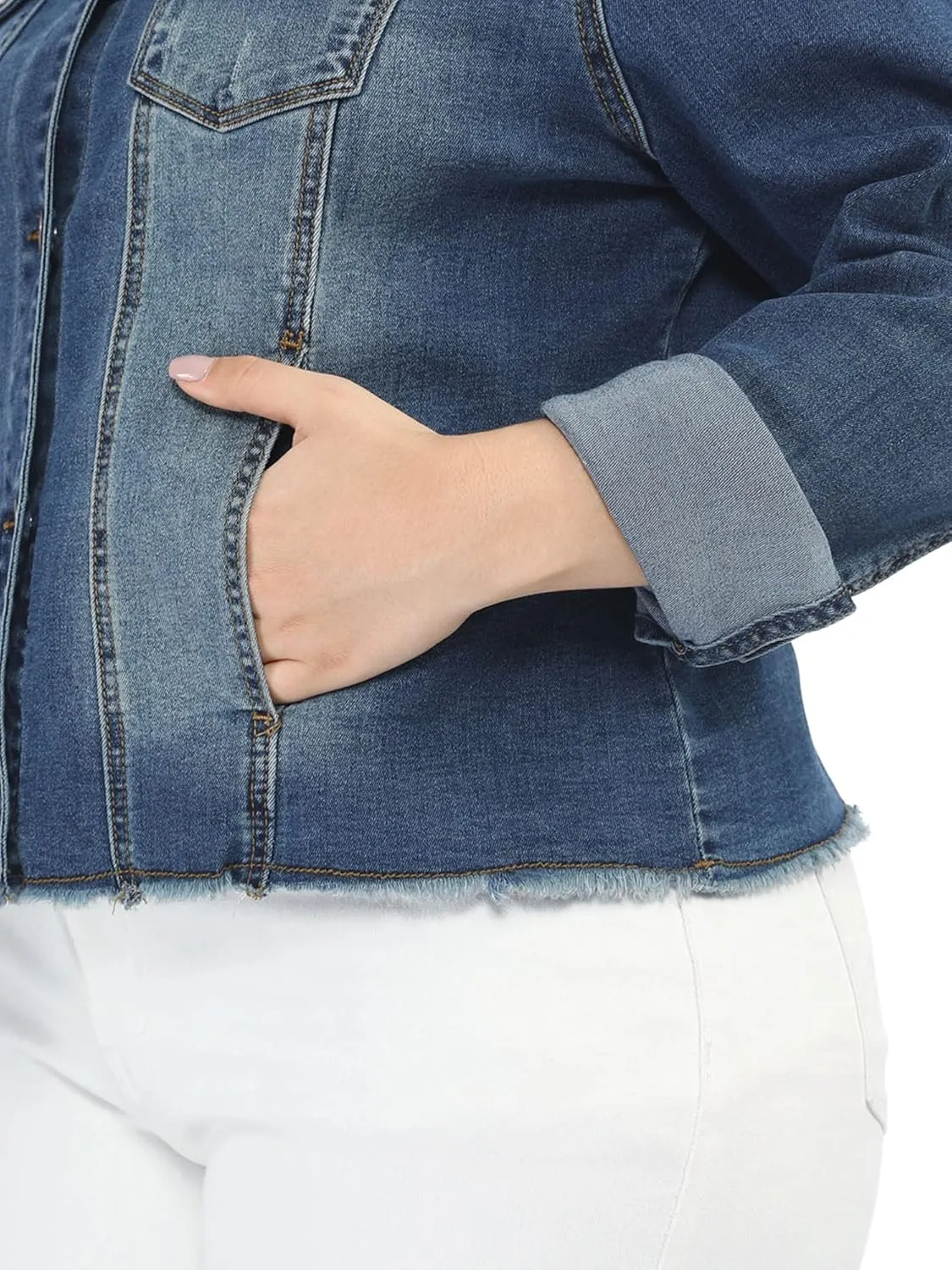Agnes Orinda Women's Plus Size Classic Washed Front Frayed Denim Jacket