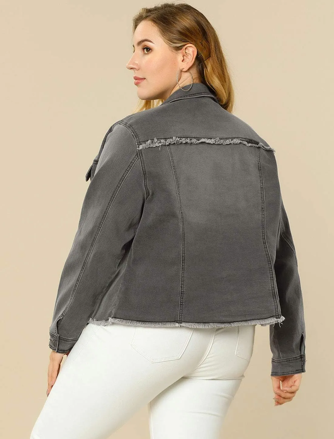 Agnes Orinda Women's Plus Size Classic Washed Front Frayed Denim Jacket