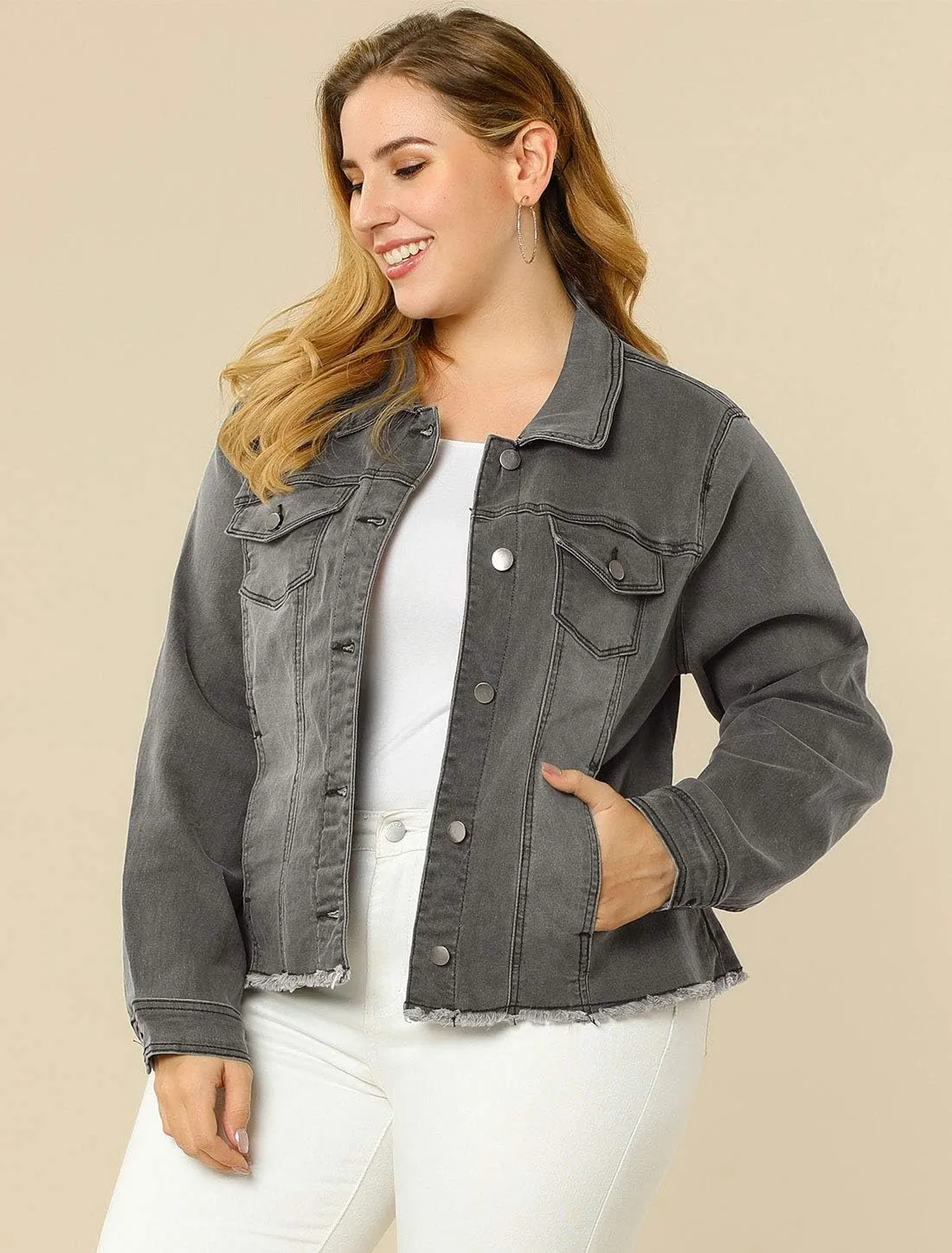 Agnes Orinda Women's Plus Size Classic Washed Front Frayed Denim Jacket