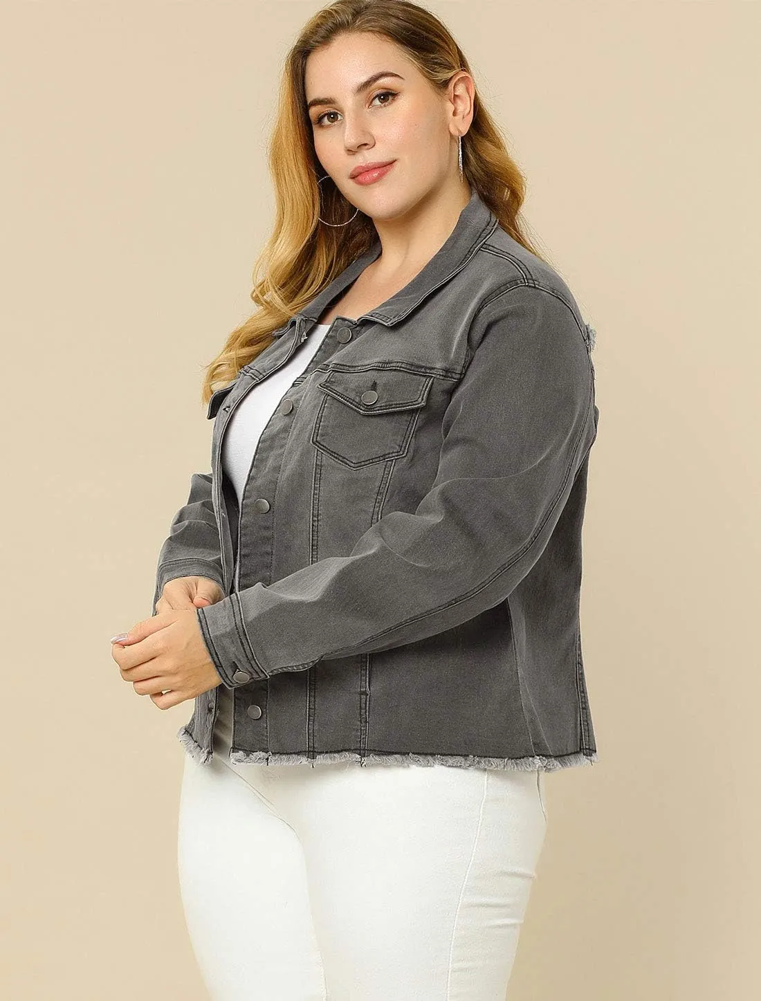 Agnes Orinda Women's Plus Size Classic Washed Front Frayed Denim Jacket